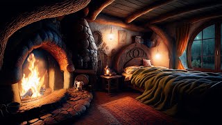 Cozy Hobbit Bedroom  Relaxing Fireplace with Soothing Rainfall Sounds  rain on roof  Deep Sleep [upl. by Aruol]