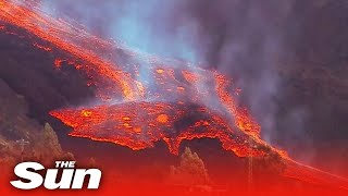 La Palma volcano – Drone view of molten lava flowing to the sea [upl. by Eanrahc]