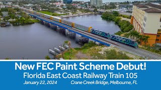 New FEC Paint Scheme Debut Florida East Coast Railway Train 105 Crossing the Crane Creek Bridge [upl. by Gnex662]