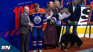 Oilers Connor McDavid Celebrates 1000 Points With Family And Dog [upl. by Nylirrej243]