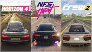 NFS Heat vs Horizon 4 vs The Crew 2  Audi R8 V10 Sound amp Gameplay Comparison in 4K [upl. by Enyawed]