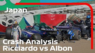 Analyzing Japanese GP crash Ricciardo vs Albon  Racing Incident or Avoidable Collision  F1 2024 [upl. by Anaid]