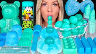 ASMR MUKBANG Teal Blue Dessert Edible Slime Blue Raspberry Drink Gummy Bear Strawberry Wax 먹방 [upl. by Wiseman]