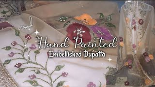 Hand painted embellished dupatta fabric painting on organza dupatta Designer dupatta design [upl. by Benedetta160]