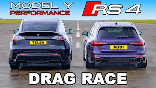 Audi RS4 v Tesla Model Y DRAG RACE [upl. by Nelleoj760]