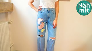 Jeans Trend Applikation  Nähprojekt für Anfänger  Einfaches Denim Fashion DIY mit Stoffresten [upl. by Adina]