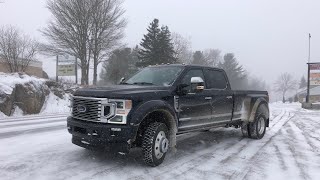 HOW BAD IS A DUALLY ON SNOW ROADS 2021 F450 PLATINUM FIRST DRIVE IN THE SNOW [upl. by Amein]