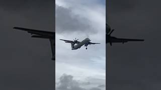 flybe bombardierjets Q400 overhead arrival at Manchester Airport shorts [upl. by Enelak834]