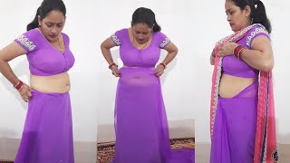 how to wearing purple color saree  best draping saree in new style  ultra low waist  GKV [upl. by Cuttler]