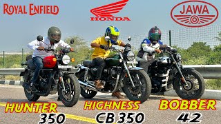 Jawa Bobber 42 vs RE Hunter 350 vs Honda Highness CB 350  Drag Race  TopEnd Test  Results 🔥 [upl. by Nilat]