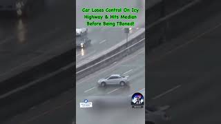 Car Loses Control On Highway amp Hits Median Before Being TBoned🧊😱 ytshorts securitycam [upl. by Rubio670]