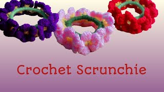 Crochet scrunchie tutorial for beginners  How to crochet a hair tie  Crochet floral scrunchie [upl. by Whelan]