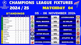 UCL FIXTURES TODAY  Matchday 4 • UCL Table Standings Today • CHAMPIONS LEAGUE FIXTURES 2425 [upl. by Oira]