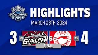 OHL Playoff Highlights Guelph Storm 3  Soo Greyhounds 4  Game 1  March 28th 2024 [upl. by Aikemat]