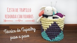 Cesta redonda de trapillo con rombos  Técnica de Tapestry [upl. by Neumark]