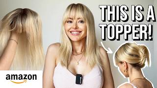 BEST Affordable Human Hair Long TOPPER with BANGS and XL BASE for Thinning Hair from AMAZON Review [upl. by Nahgen]