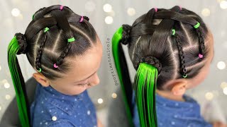 Peinado para niñas con dos Coletas y extensiones 💚✨ Fácil amp bonito [upl. by Lladnar586]