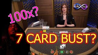 INSANE BLACKJACK 7 card bust 100x AMAZING BLACKJACK RUN [upl. by Nnaeilsel]