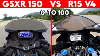 GSXR 150 VS R15 V4  0 TO 100  TOPSPEED BATTLE [upl. by Dadinirt]